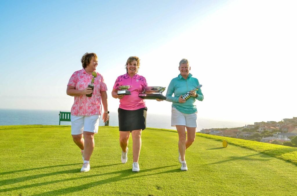 Silver Division winner Hermien Jones & Bronze Division winner Louise Olivier flank Sandra Winter, the 2022 South African Women’s Mid-Amateur Championship winner & Senior Trophy champion at Mossel Bay Golf Club